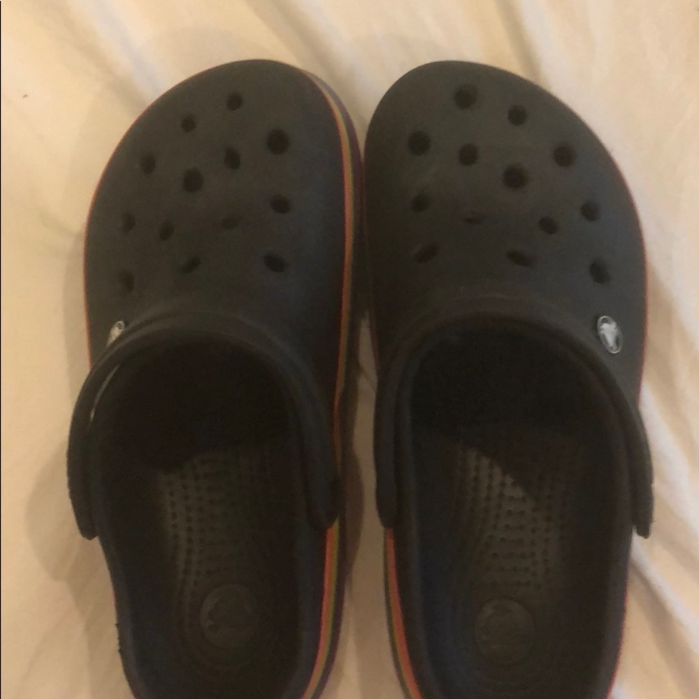Women’s black rainbow striped crocs